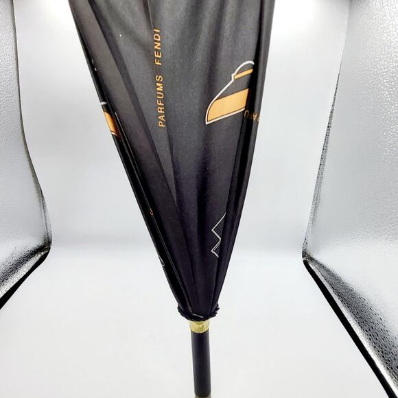 Vintage FENDI PARFUMS Umbrella Black & Gold Wooden Handle Rare Promo Full Size - Picture 6 of 8